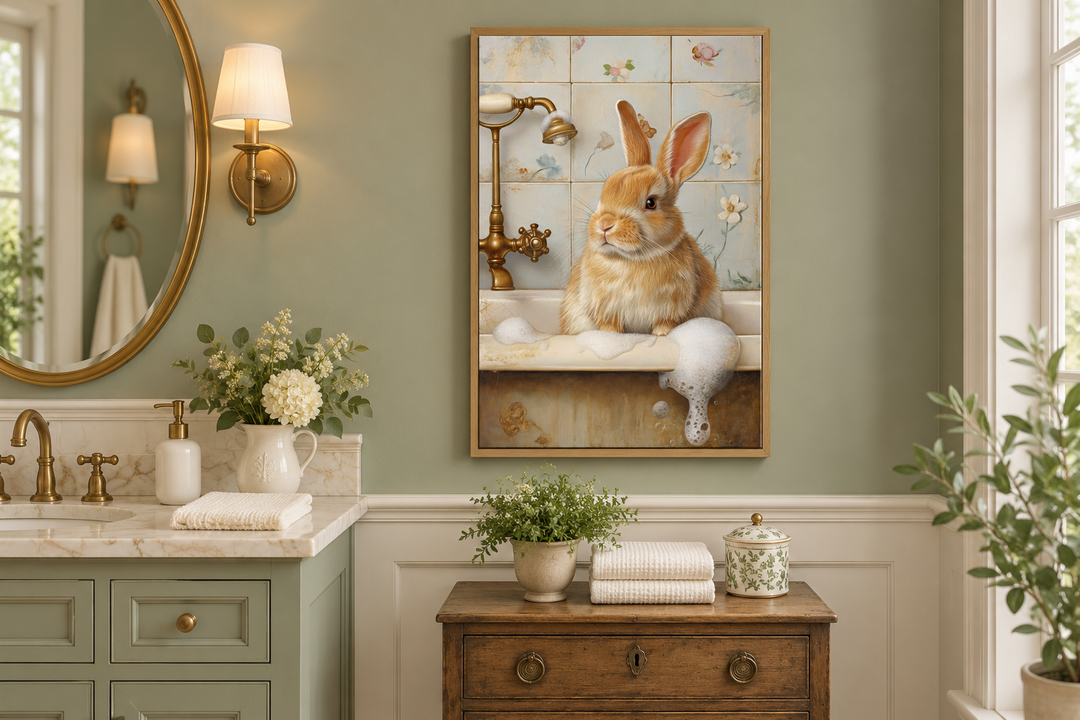 Bunny in the Bathtub framed canvas wall art hanging in a sage green bathroom above a wooden dresser.