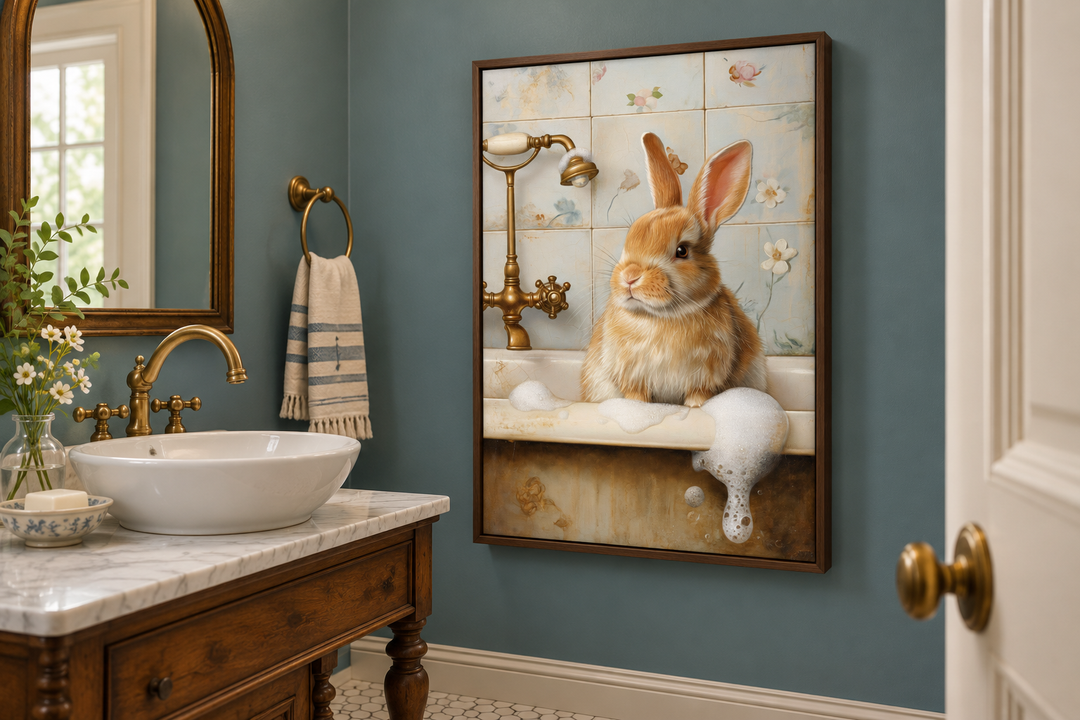 Bunny in the bathtub framed canvas wall art hanging in a teal bathroom above a marble vanity.