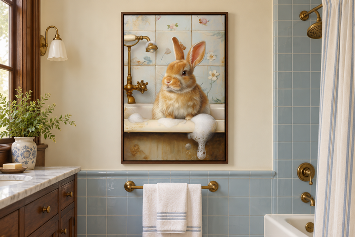 Framed canvas wall art of a brown bunny in a bubble bath, hanging in a blue tiled bathroom.