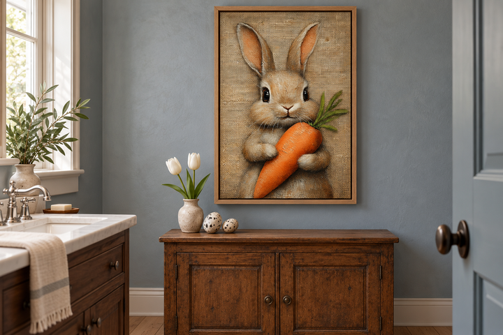 Framed canvas wall art of a fluffy bunny holding a carrot in a rustic bathroom setting.