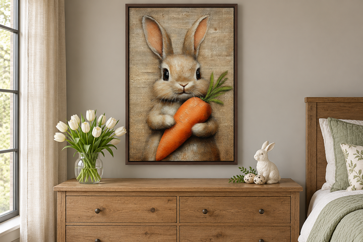 Framed canvas wall art of a fluffy bunny holding a carrot, displayed above a wooden dresser.
