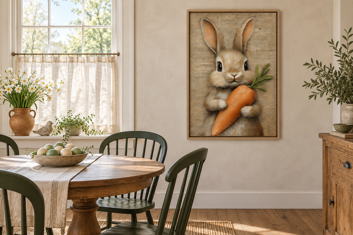 Framed canvas wall art of a fluffy bunny holding a carrot in a rustic farmhouse dining room.
