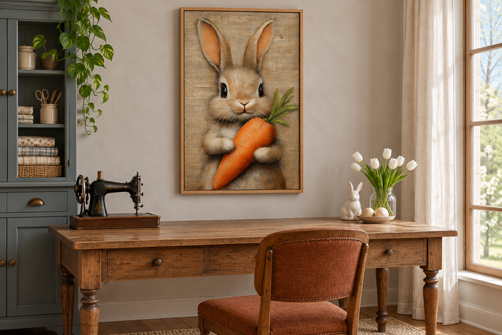Framed canvas wall art of a fluffy bunny holding a carrot in a rustic farmhouse craft room.