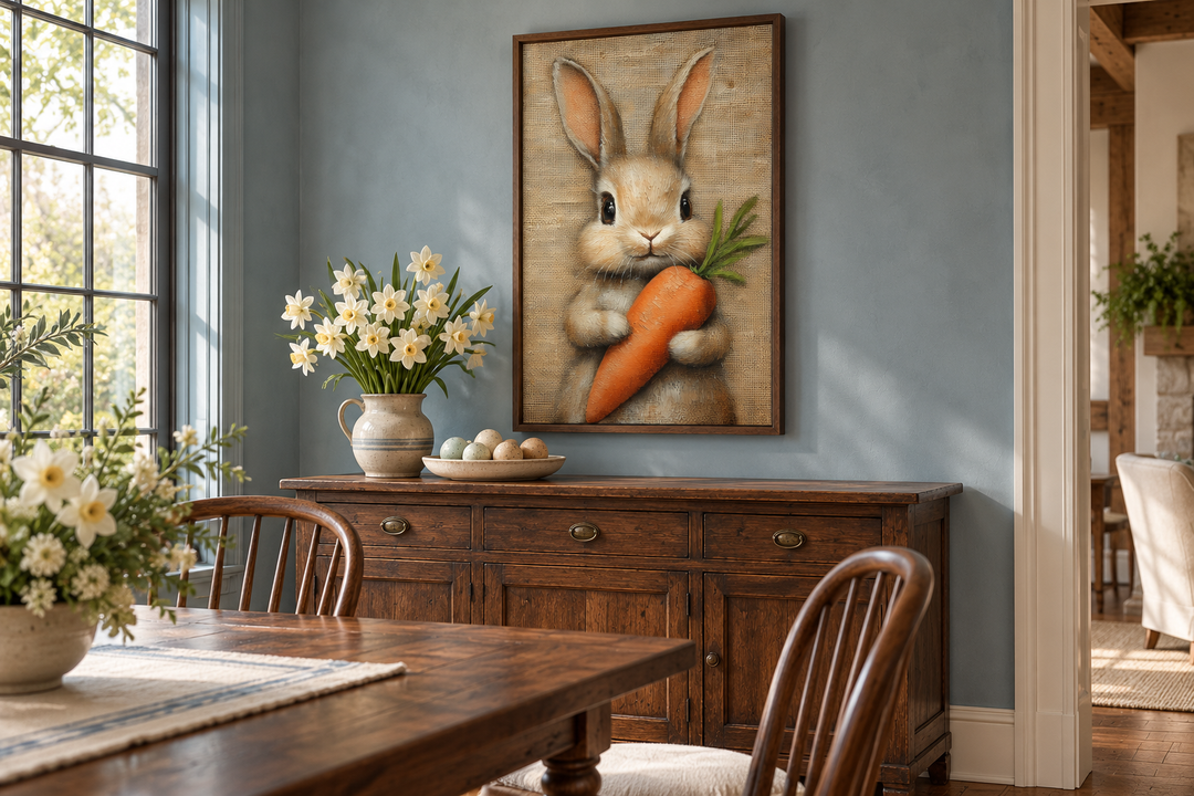 Framed canvas wall art of a fluffy bunny holding a carrot in a rustic farmhouse dining room.