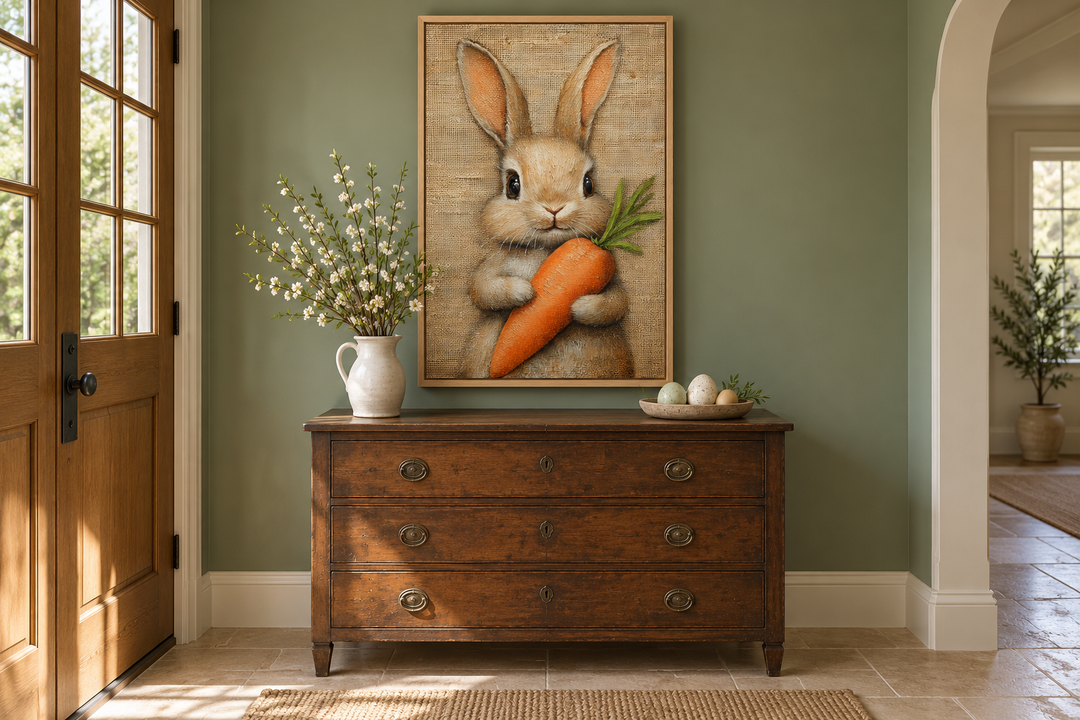 Framed canvas wall art of a fluffy bunny holding a carrot, hanging above a wooden dresser.
