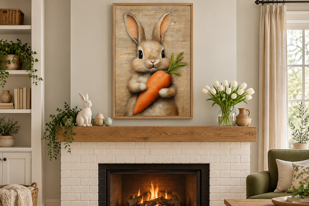 Framed canvas wall art of a fluffy bunny holding a carrot above a fireplace in a farmhouse room.