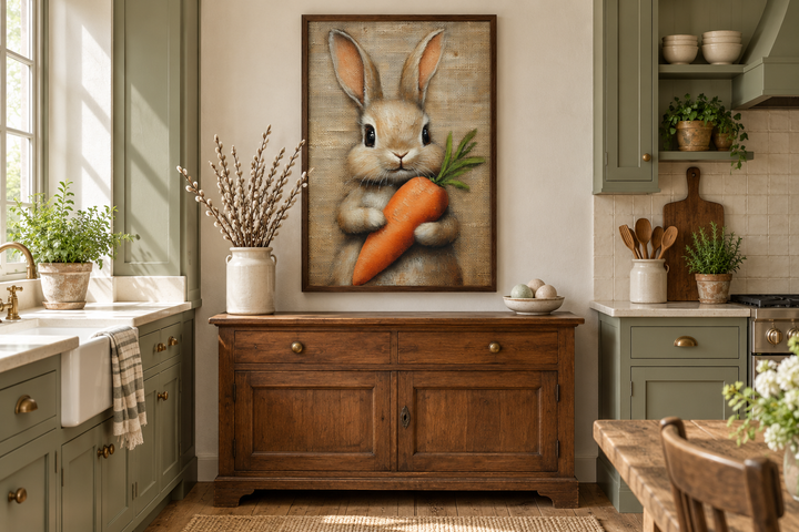 Framed canvas wall art of a fluffy bunny holding a carrot in a rustic farmhouse kitchen.