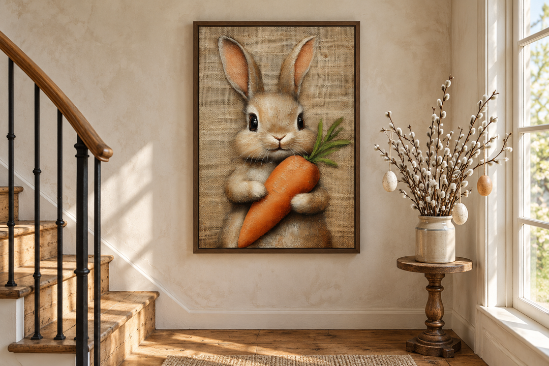 Framed canvas wall art of a fluffy bunny holding a large carrot in a rustic farmhouse setting.