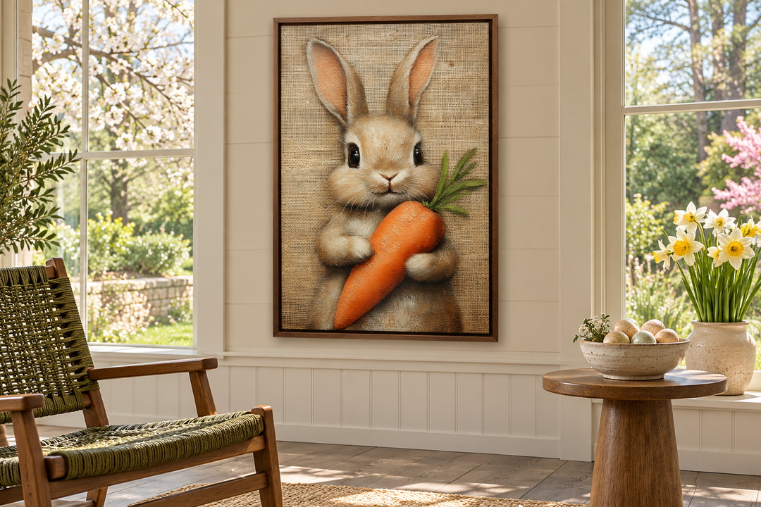 Framed canvas wall art of a fluffy bunny holding a large orange carrot in a sunlit room.