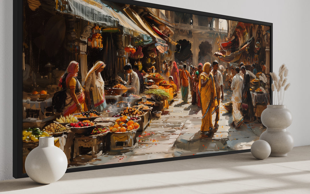 a painting of a market scene with people shopping