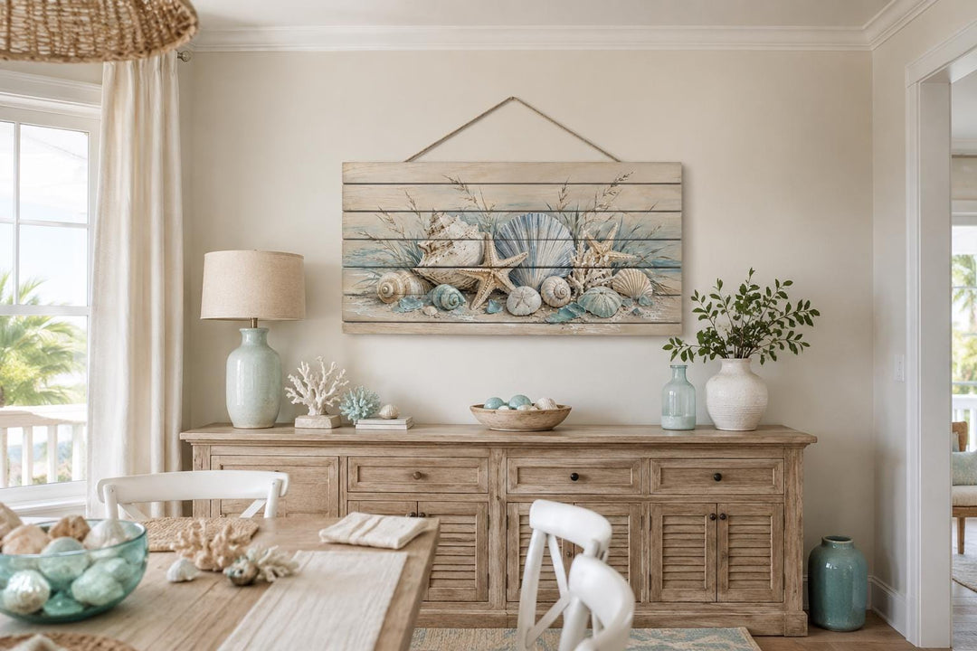 Seashells and starfish watercolor print on horizontal distressed wood planks with a rope hanger.