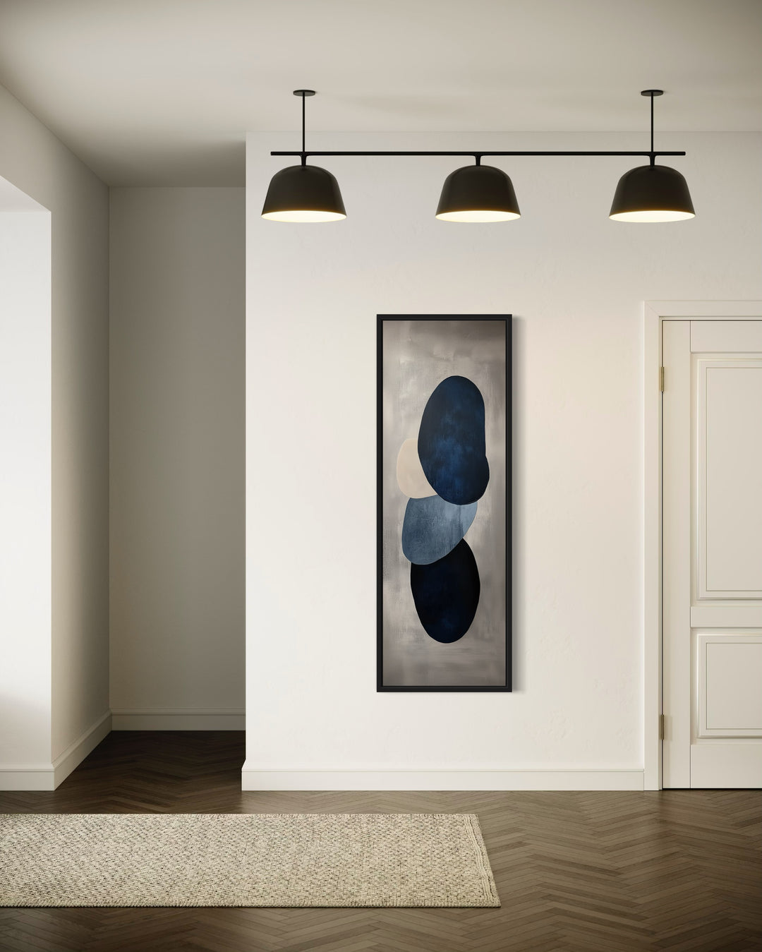 Navy Blue Grey Beige Shapes Vertical Narrow Canvas Wall Art in the hallway