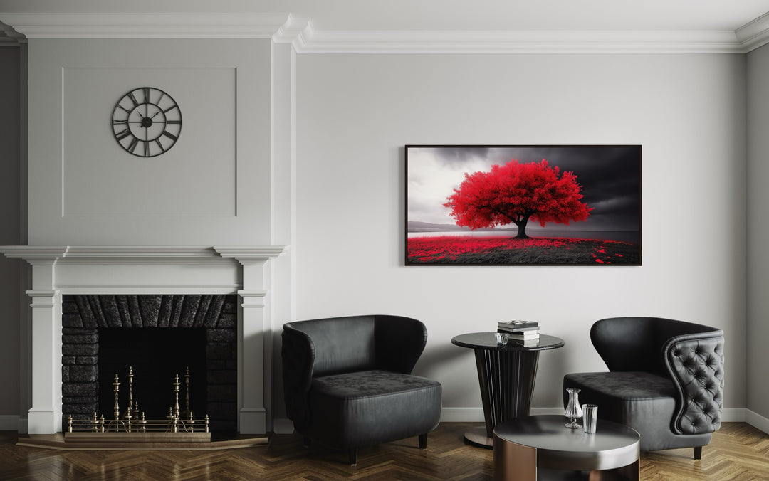 Red Tree on Black White Background Framed Canvas Wall Art in a living room filled with furniture and a fire place