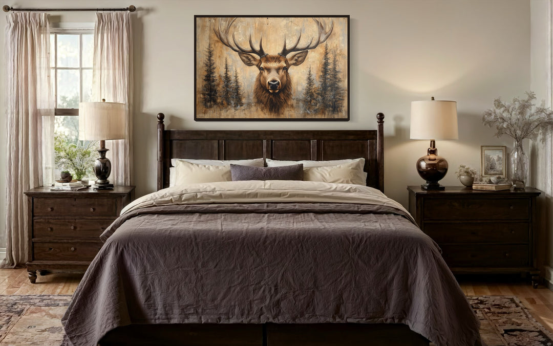 Rustic Deer Painted On Wood Framed Canvas Wall Art For Cabin Decor