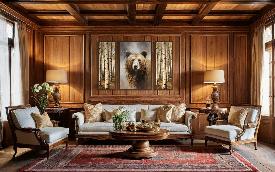 Set Of 3 Bear Flanked By Trees Framed Canvas Wall Art in wooden cabin