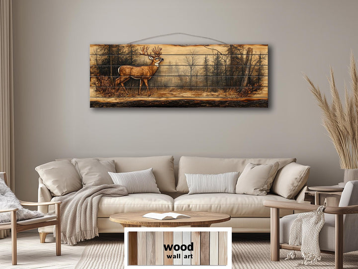 Deer In Forest Long Horizontal Distressed Wood Wall Art