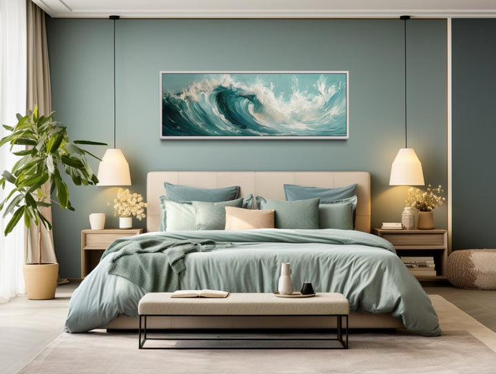 Teal Ocean Wave Coastal Horizontal Framed Canvas Wall Art