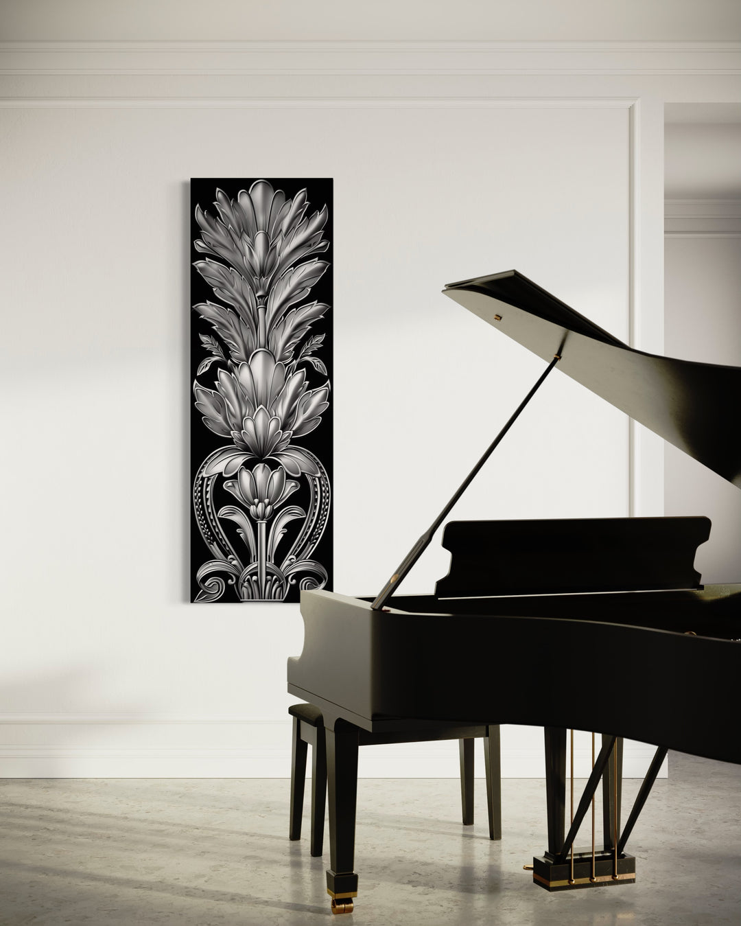 Tall Narrow Black Silver Art Deco Framed Canvas Wall Art in music room