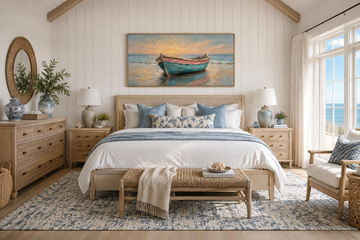 Weathered teal and pink rowboat painting at sunset in a gold frame above a coastal bedroom bed.