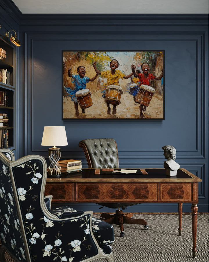 Happy African Kids Playing Drums Framed Canvas Wall Art in the office