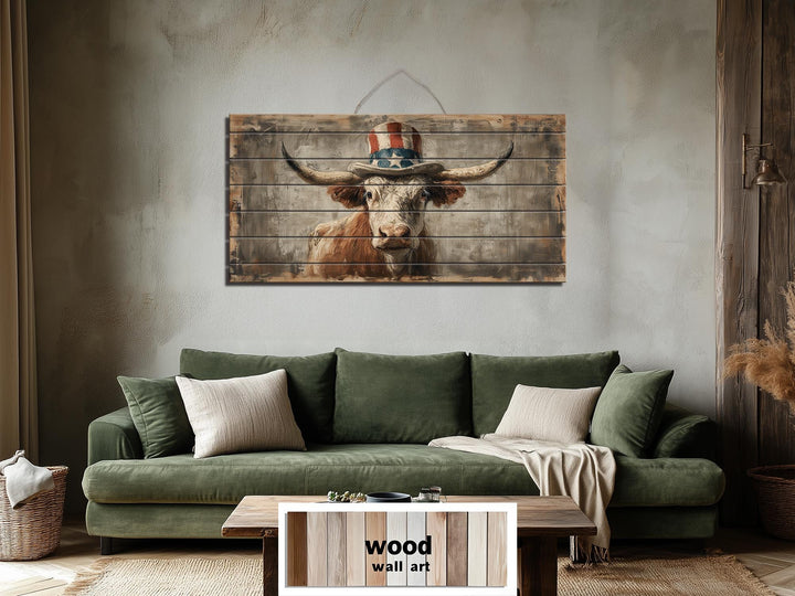 Longhorn Bull Wall Art - Rustic Wood Decor With Uncle Sam Hat | Patriotic Farmhouse