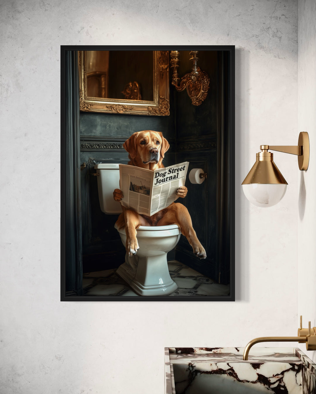 Yellow Labrador Retriever On Toilet Reading Newspaper canvas wall art close up