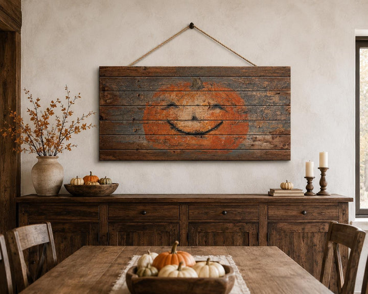 Primitive pumpkin face on distressed wood planks with a rope hanger in a rustic dining room.