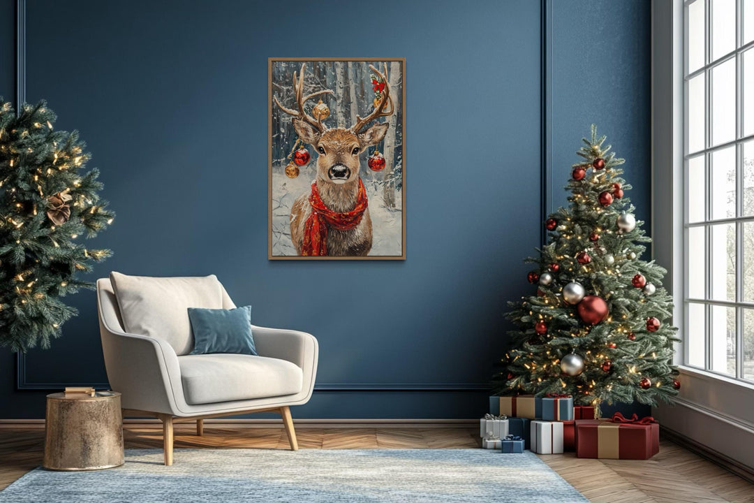 Christmas Reindeer With Red Scarf And Ornaments Canvas Wall Art