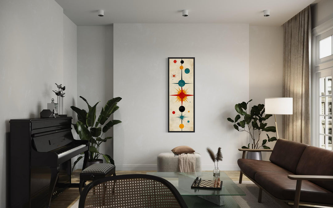 Vertical narrow mid-century modern wall art featuring an abstract atomic starburst print.