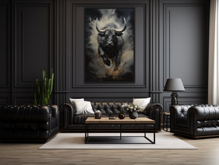 Black Charging Bull Abstract Framed Canvas Wall Art in a living room with black leather furniture