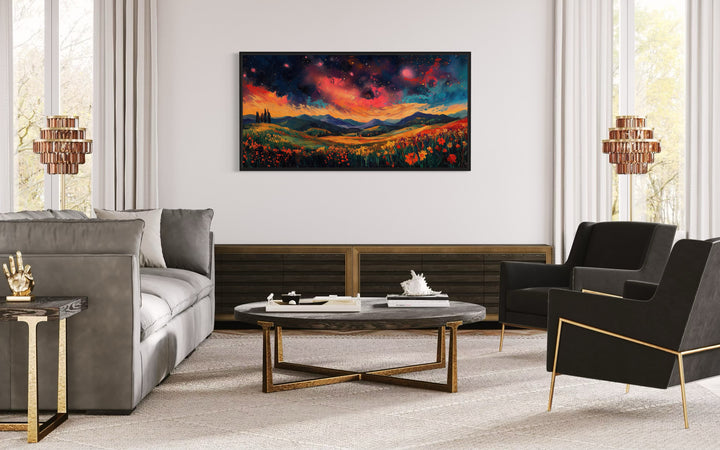 Starry Night Sky Over Wildflower Fields and Mountains Framed Canvas Wall Art in living room