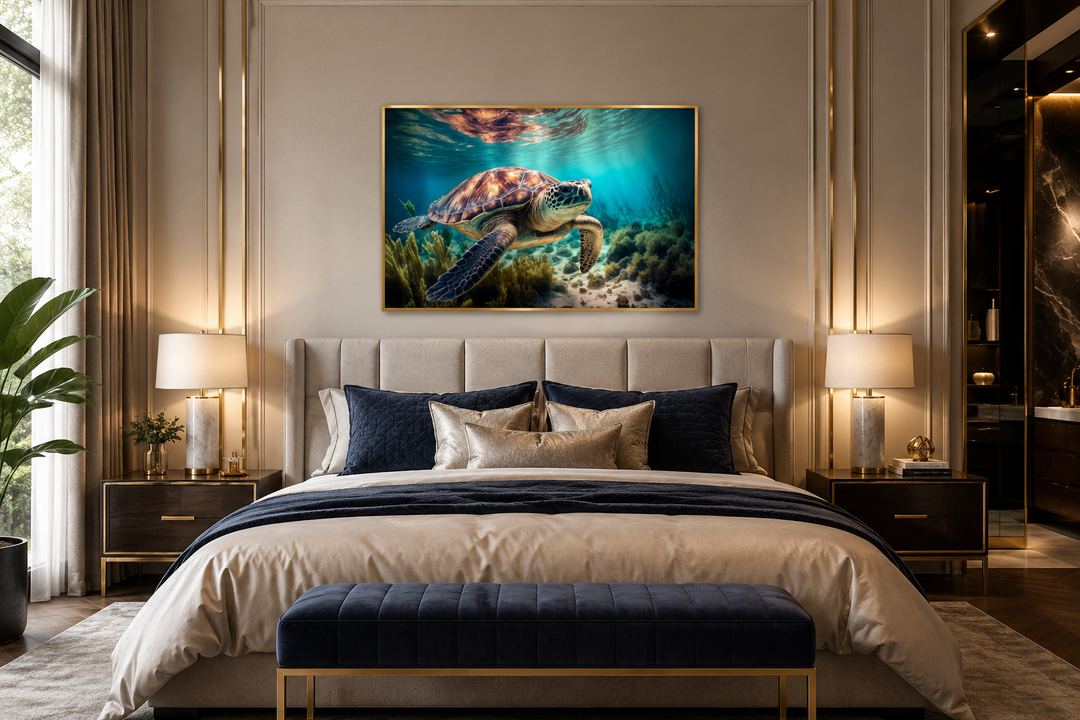 Sea turtle in coral reef underwater canvas wall art hanging above a bed in a modern bedroom.