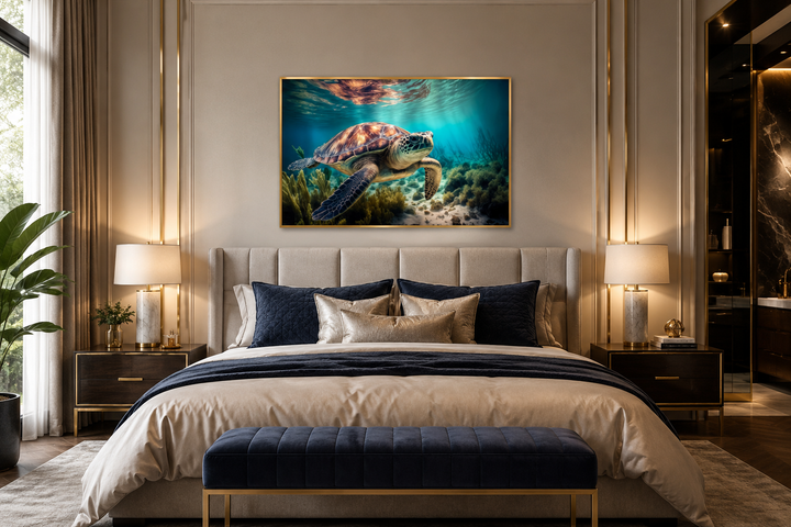 Sea turtle in coral reef underwater canvas wall art hanging above a bed in a modern bedroom.
