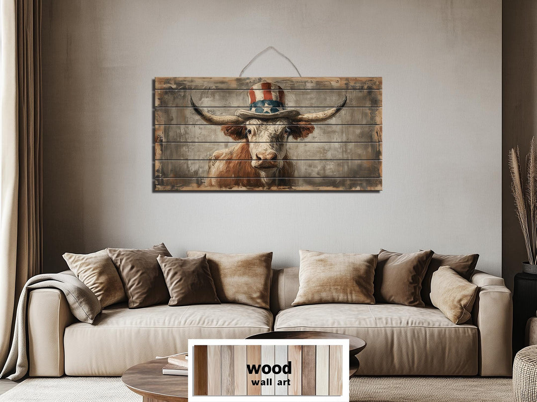 Longhorn Bull Wall Art - Rustic Wood Decor With Uncle Sam Hat | Patriotic Farmhouse