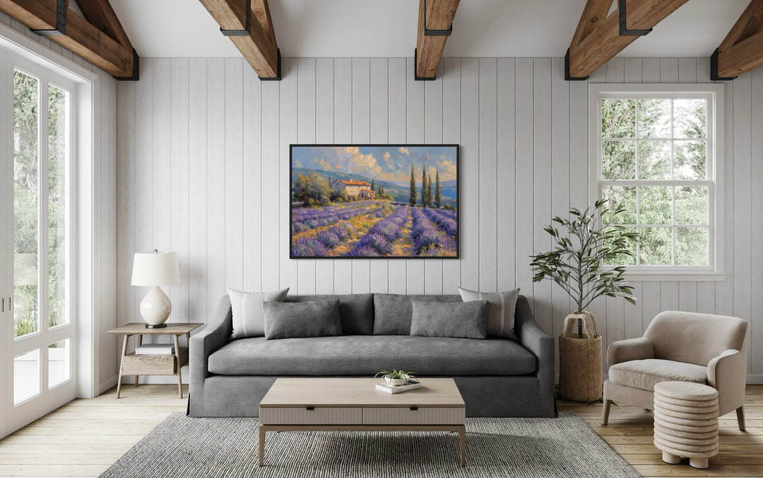 Lavender Fields of Provence France Framed Canvas Wall Art above grey couch