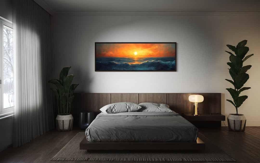 Ocean Sunset Long Horizontal Above Bed Framed Canvas Wall Art in dark bedroom