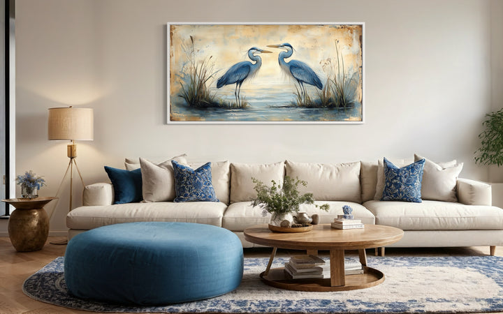 Rustic Blue Herons Horizontal Framed Canvas Wall Art in coastal room