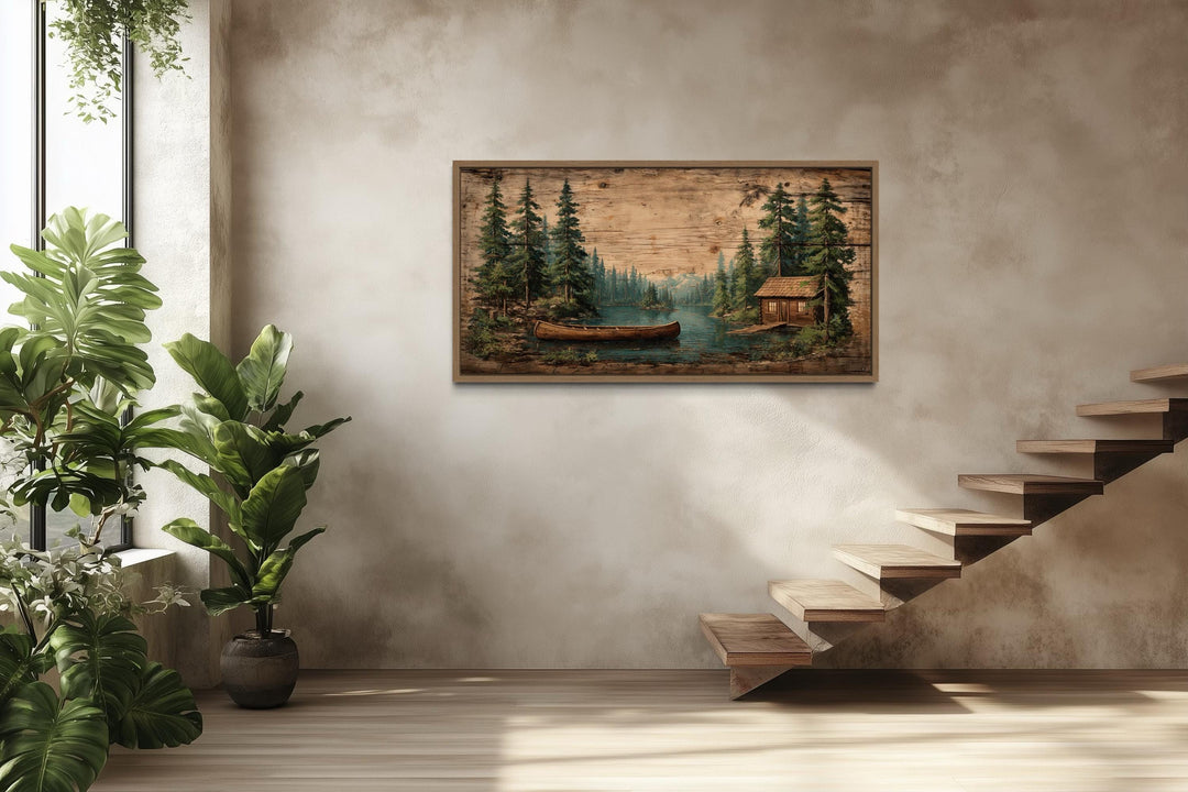 Canoe In The Lake And Pine Forest Scene Canvas Wall Art For Rustic Cabin Decor