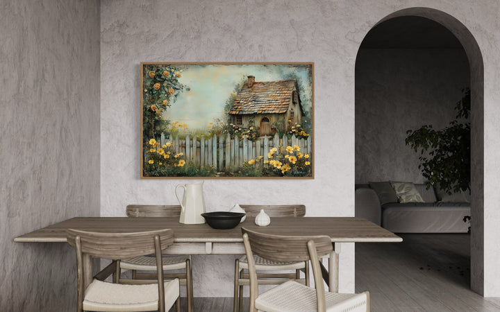 Charming Cottage Garden Rustic Floral Canvas Wall Art in rustic dining room