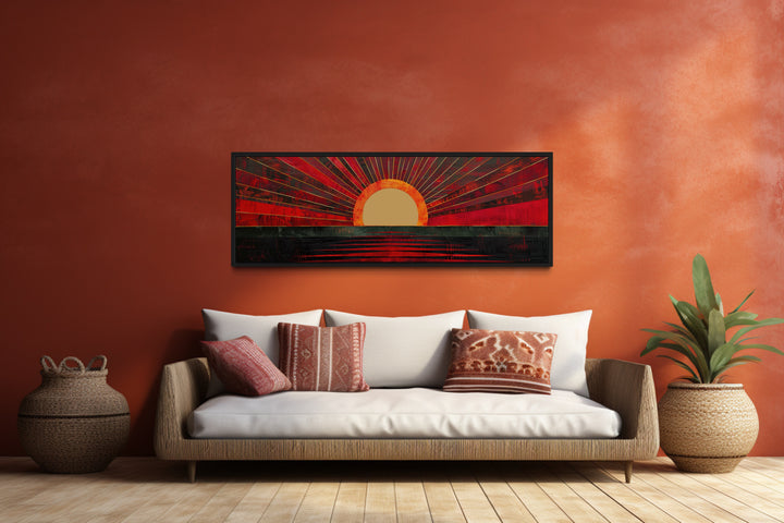 Mid Century Modern Black Red Long Horizontal Sun Wall Art in a living room with a couch