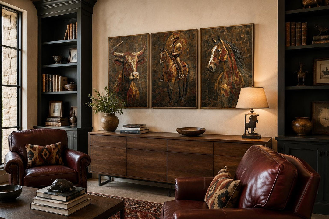 Western Wall Art Set Of 3 – Cowboy, Longhorn Bull, and Horse Canvas Prints for Rustic Ranch or Man Cave Decor