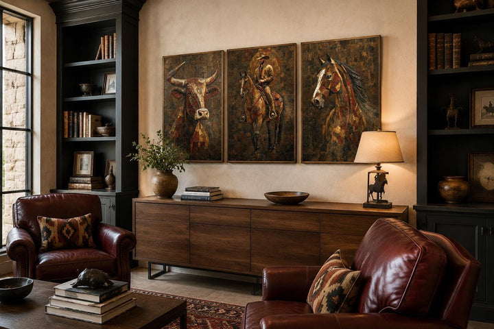 Western Wall Art Set Of 3 – Cowboy, Longhorn Bull, and Horse Canvas Prints for Rustic Ranch or Man Cave Decor