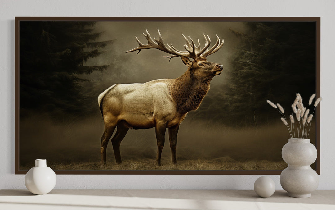 Elk In Dark Foggy Forest Framed Canvas Wall Art For Cabin Decor close up