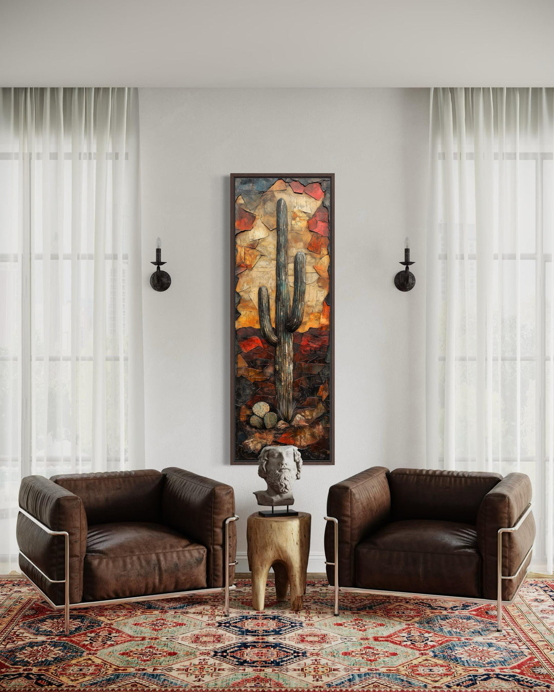 Vertical tall narrow saguaro cactus wall art in a textured, warm-toned Southwestern style.