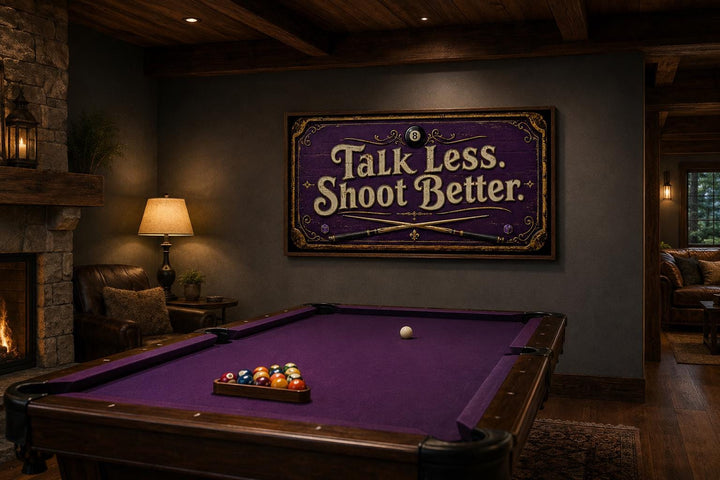 Talk Less Shoot Better Vintage Pool Hall Sign with Crossed Cues and 8-Ball, Purple Gold Billiards Wall Art