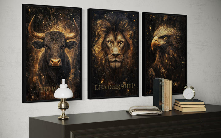 Leadership Wall Art – Motivational Lion Bull Eagle Office Canvas Set for Executive Workspace