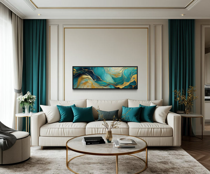 Teal Gold Mable Style Long Narrow Framed Canvas Wall Art in a teal living room filled with furniture