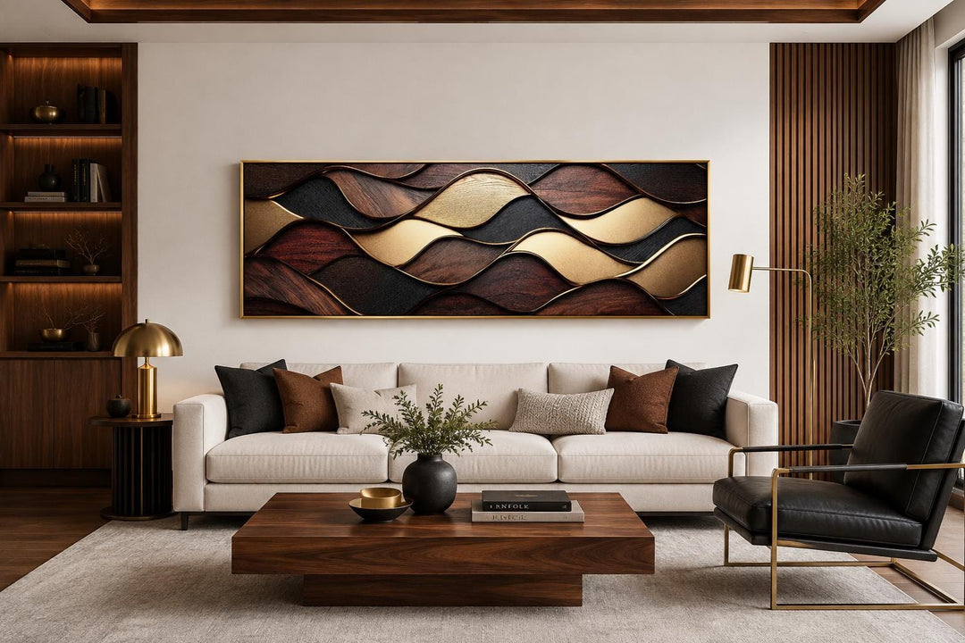 Long horizontal abstract canvas with brown, black, and gold wavy wood-grain geometric patterns.