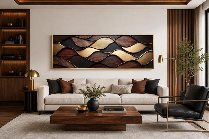 Long horizontal abstract canvas with brown, black, and gold wavy wood-grain geometric patterns.