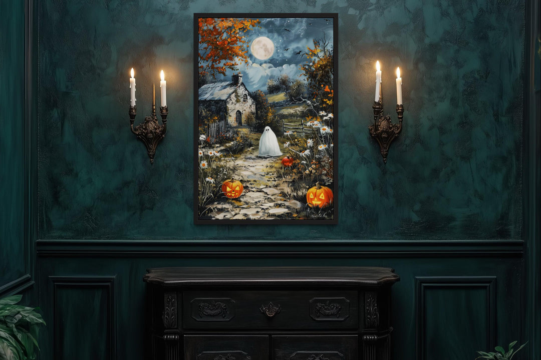 Spooky Ghost Decor with Full Moon And Pumpkin Path Halloween Canvas Wall Art